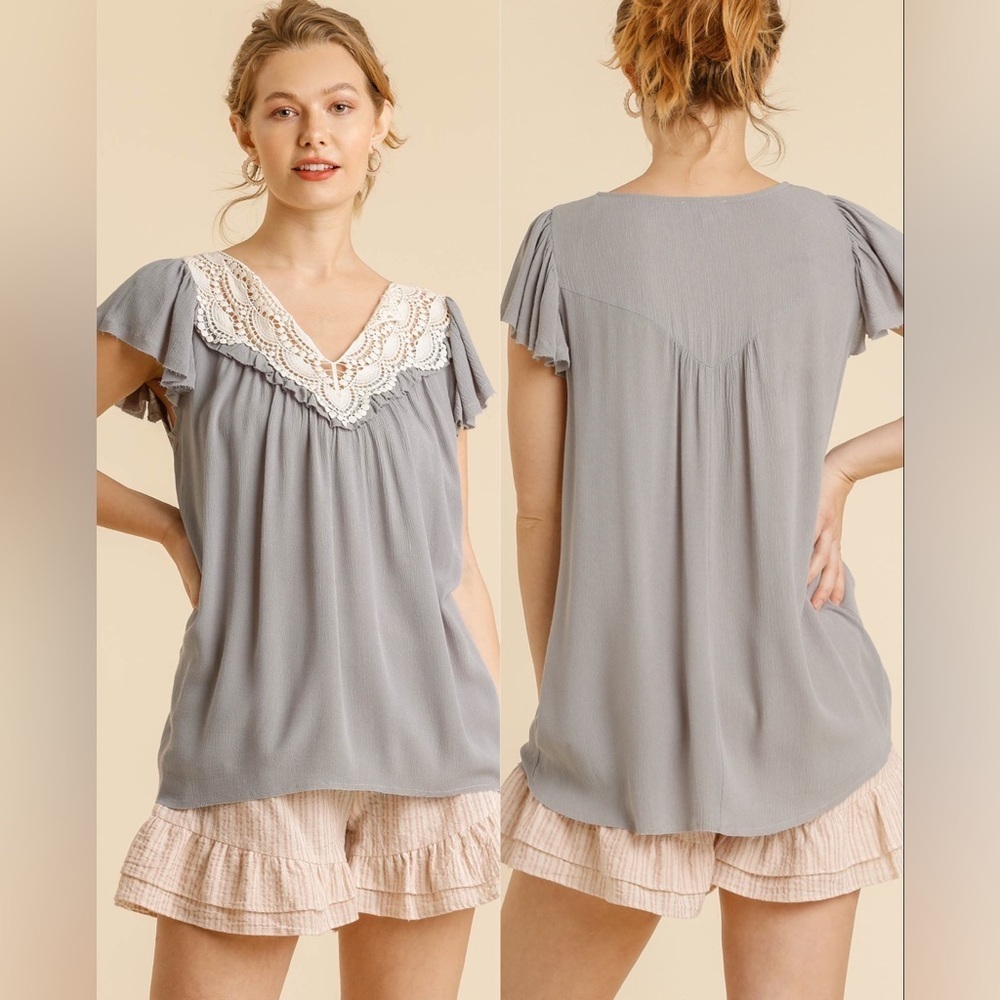 3-Pack Cottagecore Crochet Lace Trim Short Flutter Sleeve Top with Raw Edged Hem